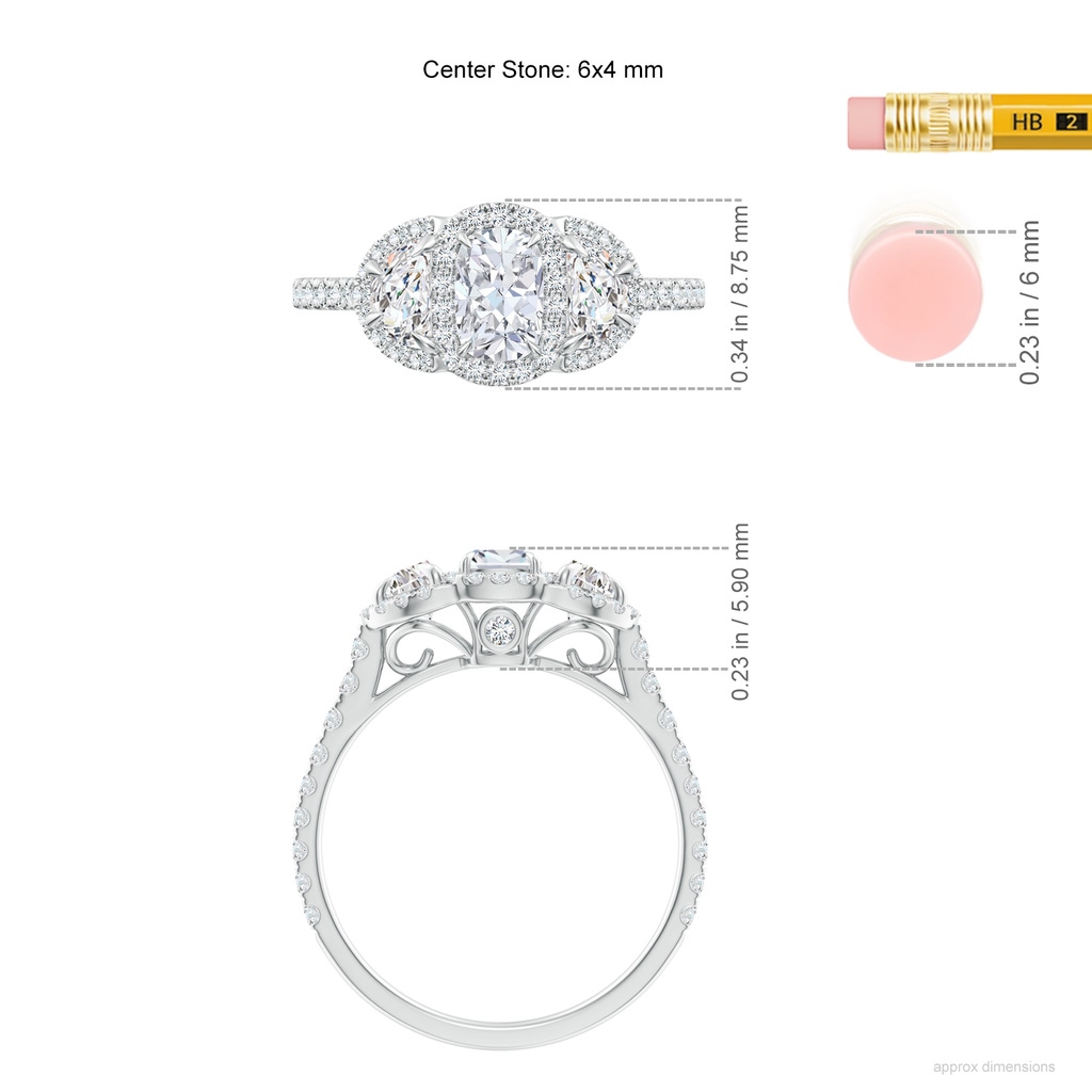 6x4mm FGVS Lab-Grown Cushion and Half-Moon Diamond Halo Ring in P950 Platinum ruler