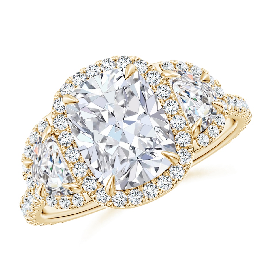 9x7mm FGVS Lab-Grown Cushion and Half-Moon Diamond Halo Ring in Yellow Gold 