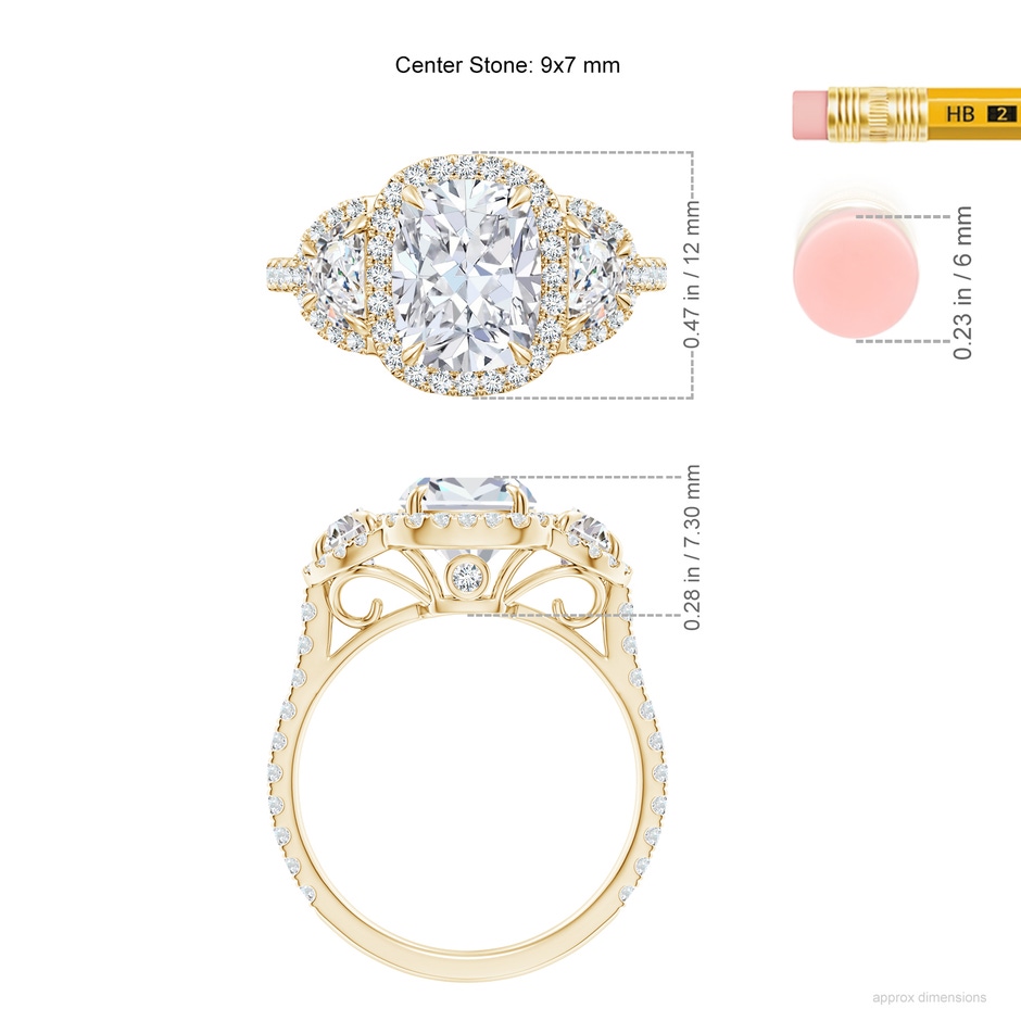 9x7mm FGVS Lab-Grown Cushion and Half-Moon Diamond Halo Ring in Yellow Gold ruler