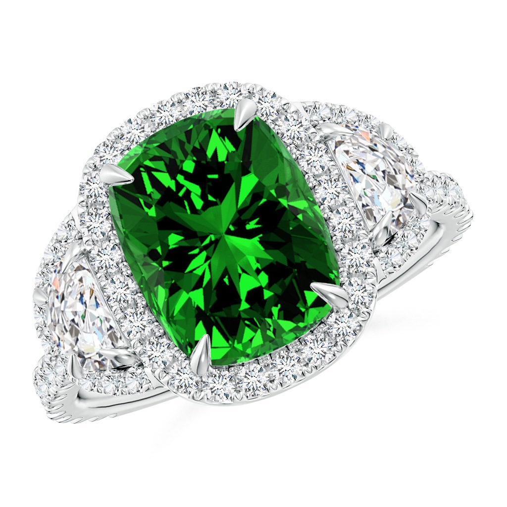 10x8mm Labgrown Lab-Grown Cushion Emerald and Half Moon Diamond Halo Ring in P950 Platinum