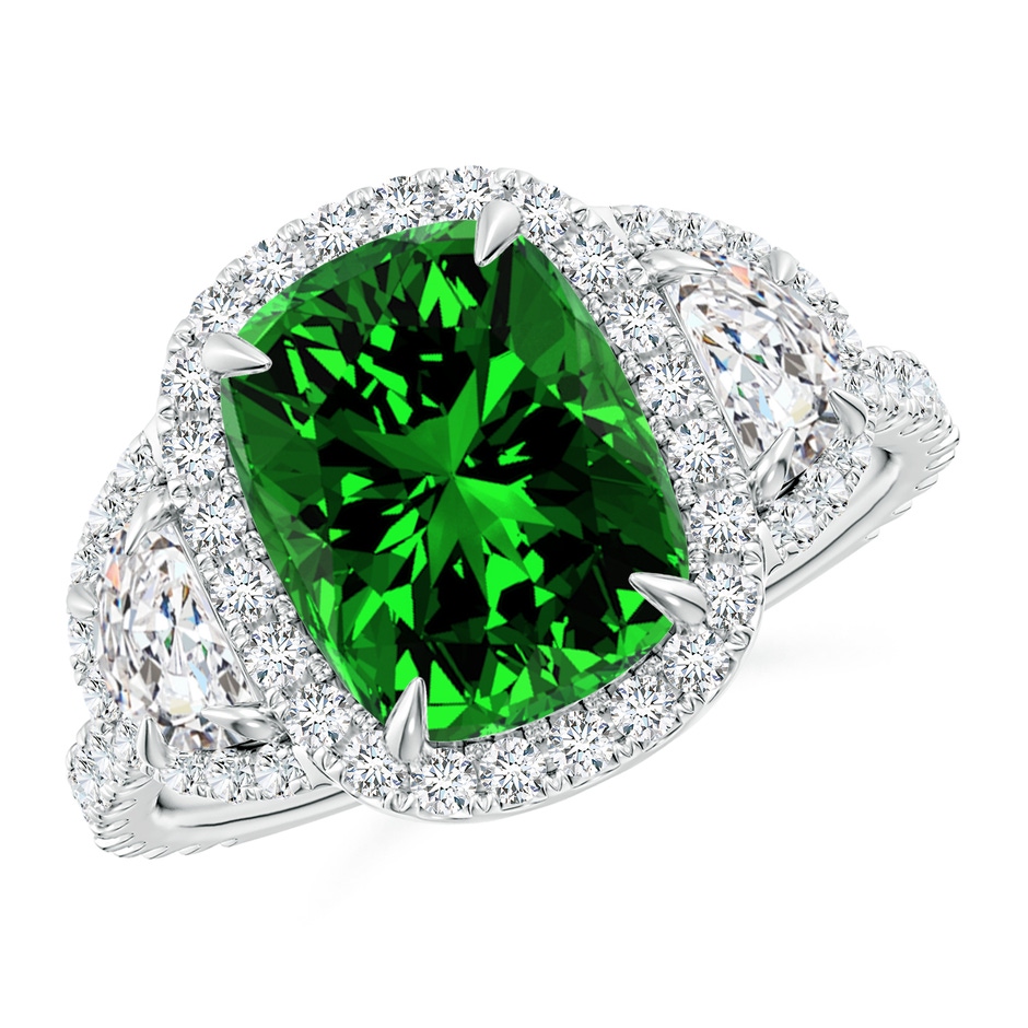 10x8mm Labgrown Lab-Grown Cushion Emerald and Half Moon Diamond Halo Ring in P950 Platinum 