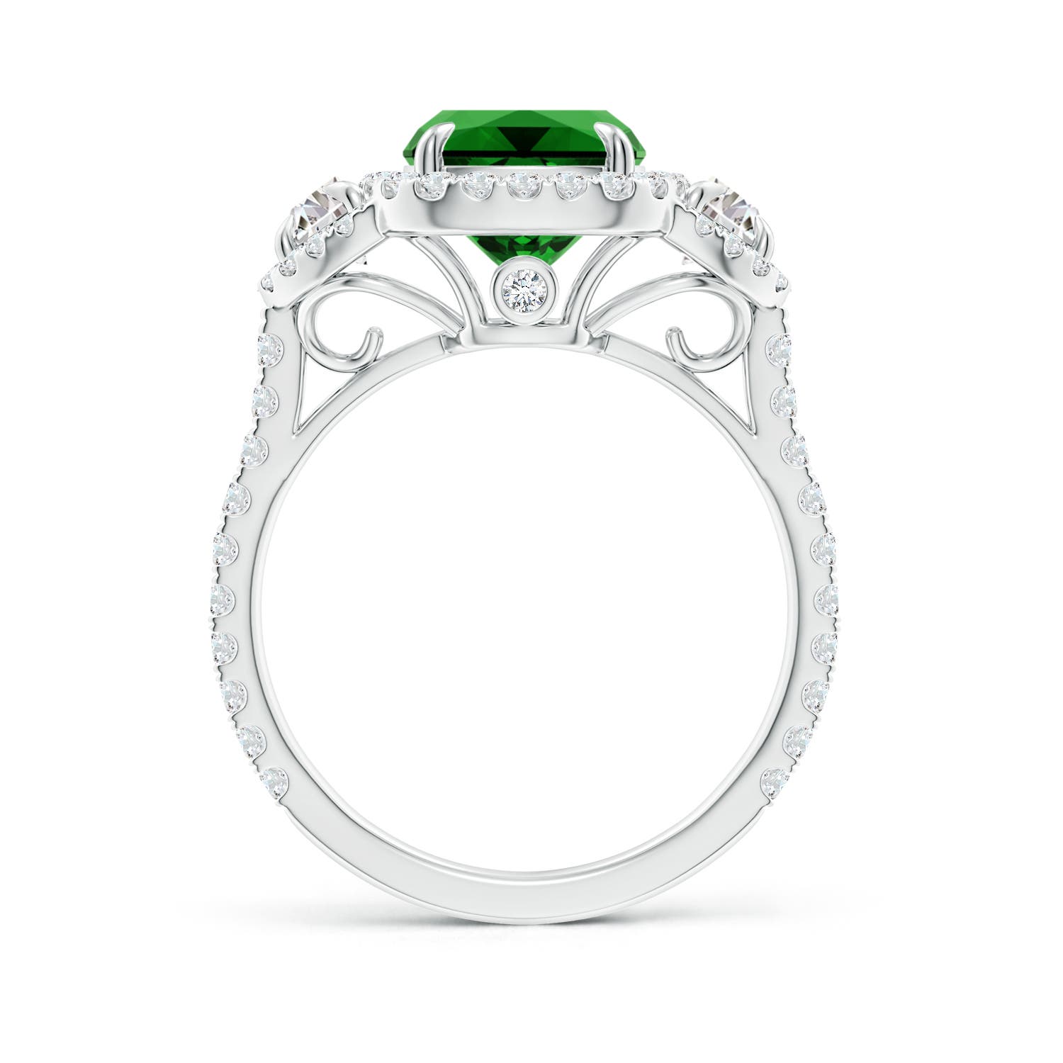 10x8mm Labgrown Lab-Grown Cushion Emerald and Half Moon Diamond Halo Ring in White Gold - side 3