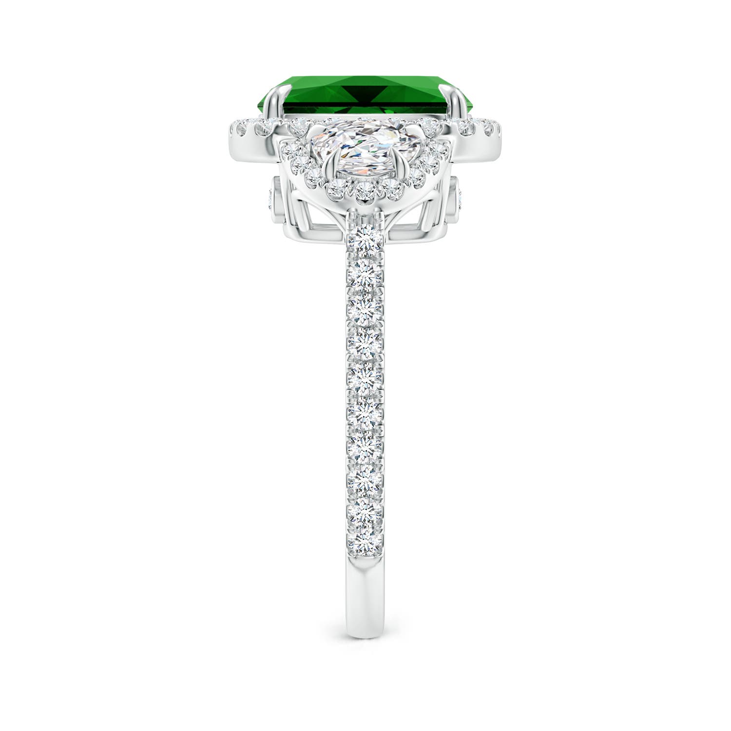 10x8mm Labgrown Lab-Grown Cushion Emerald and Half Moon Diamond Halo Ring in White Gold - side 4