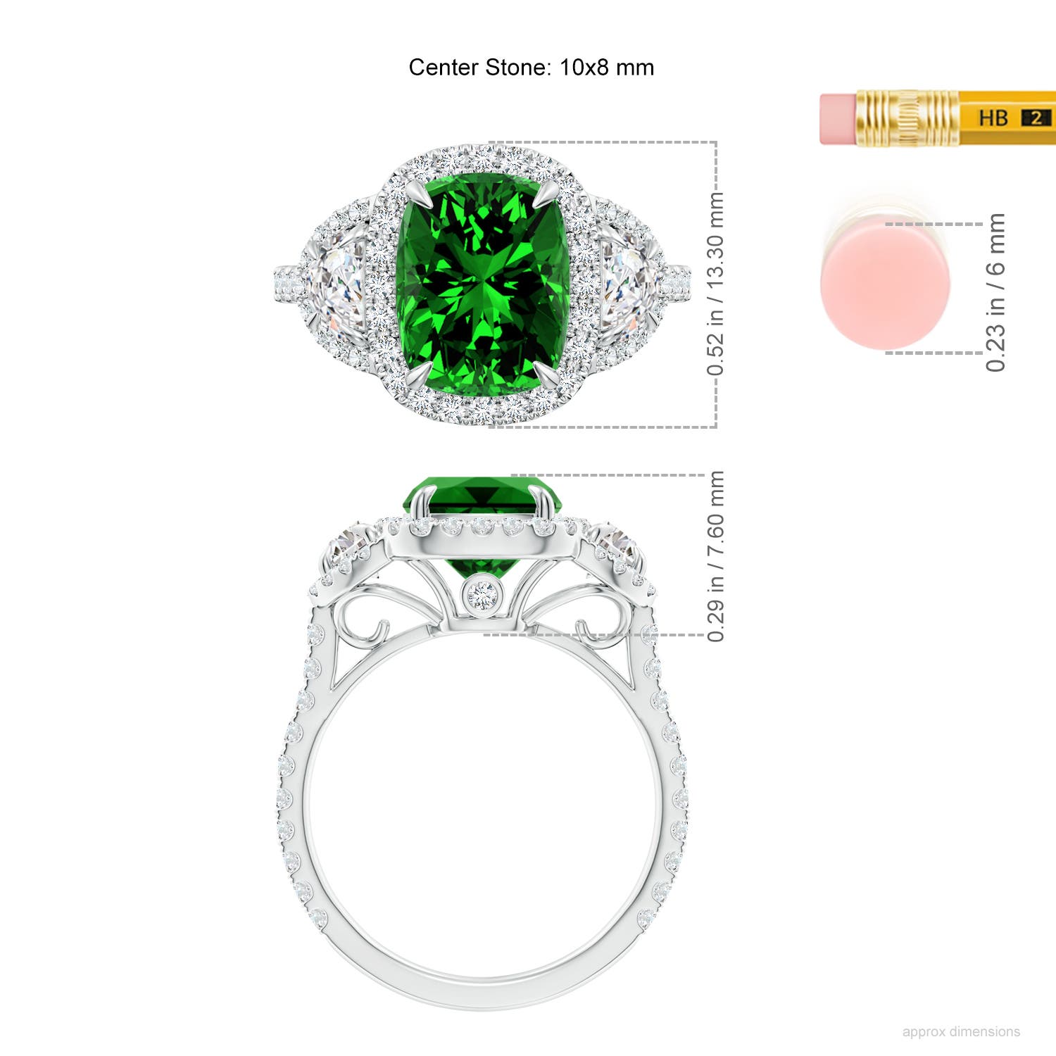10x8mm Labgrown Lab-Grown Cushion Emerald and Half Moon Diamond Halo Ring in White Gold - ruler