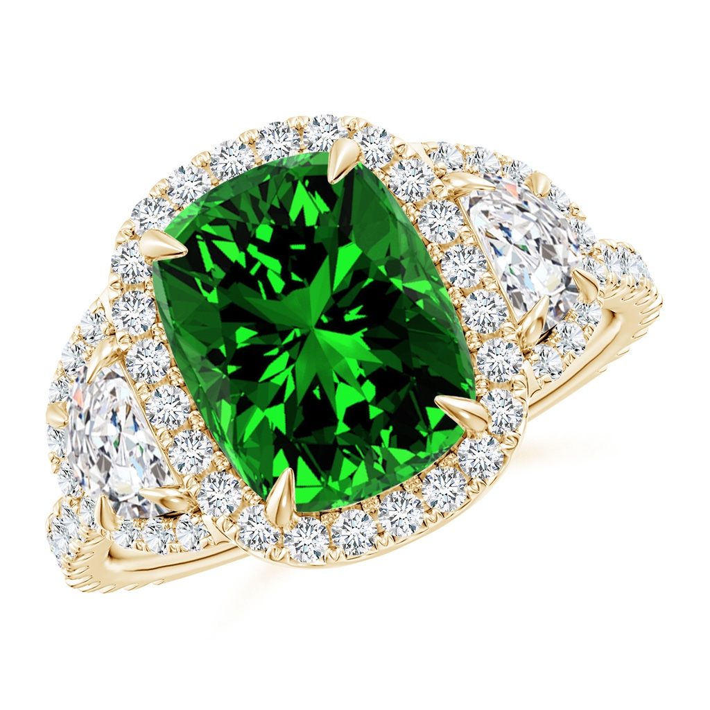 10x8mm Labgrown Lab-Grown Cushion Emerald and Half Moon Diamond Halo Ring in Yellow Gold