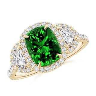 8x6mm Labgrown Lab-Grown Cushion Emerald and Half Moon Diamond Halo Ring in 10K Yellow Gold
