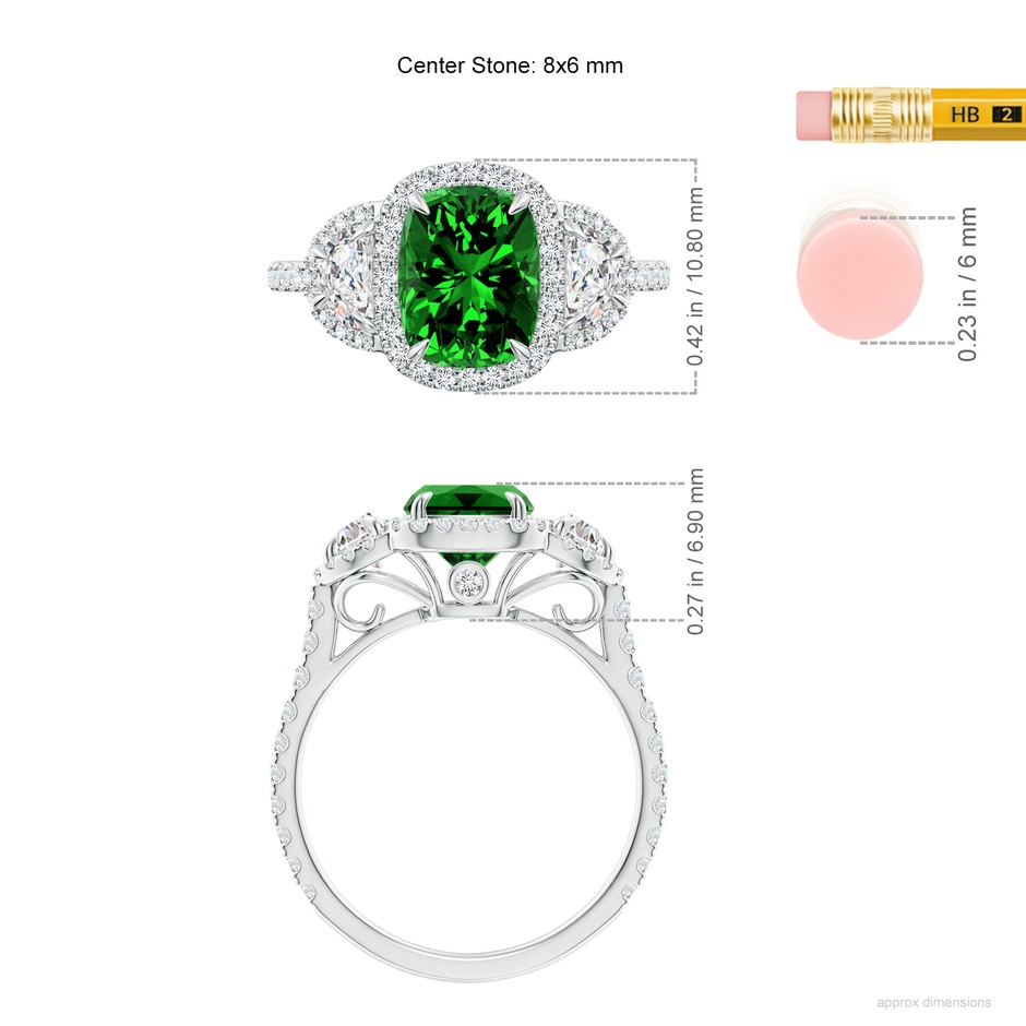 8x6mm Labgrown Lab-Grown Cushion Emerald and Half Moon Diamond Halo Ring in White Gold ruler