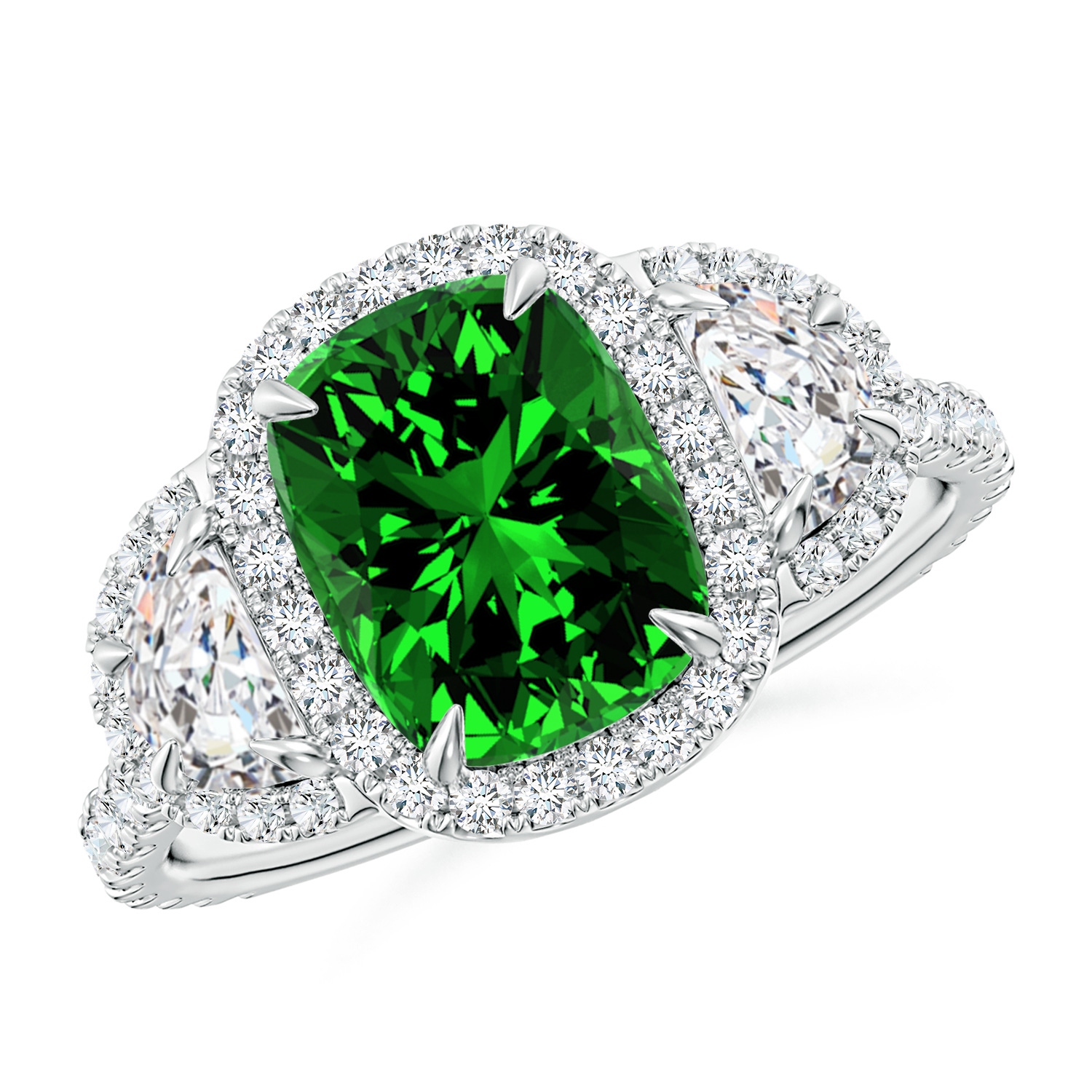 Lab-Grown Cushion Emerald and Half Moon Diamond Halo Ring
