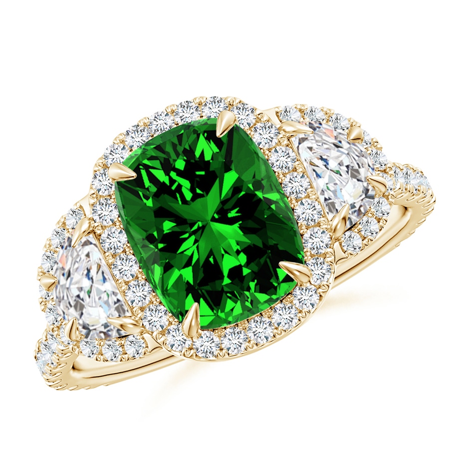 9x7mm Labgrown Lab-Grown Cushion Emerald and Half Moon Diamond Halo Ring in Yellow Gold 