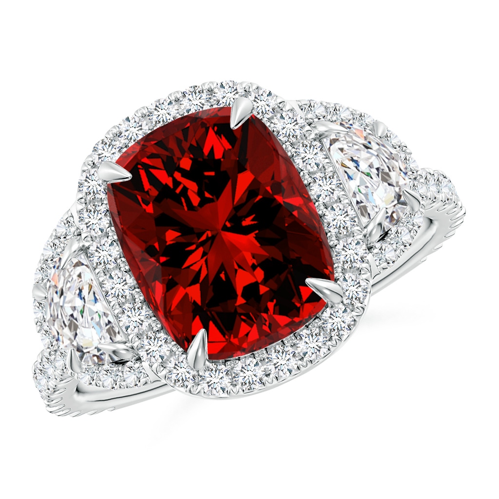 10x8mm Labgrown Lab-Grown Cushion Ruby and Half Moon Diamond Halo Ring in White Gold