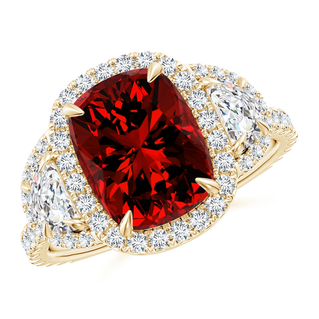 10x8mm Labgrown Lab-Grown Cushion Ruby and Half Moon Diamond Halo Ring in Yellow Gold