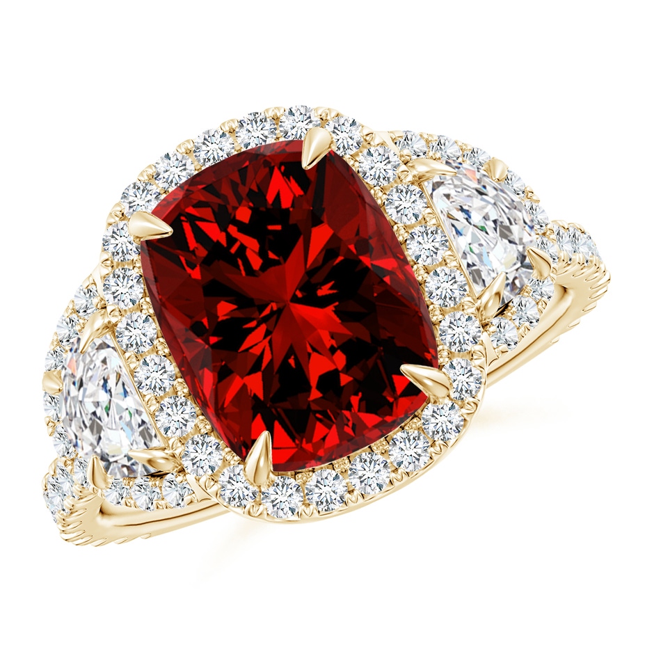 10x8mm Labgrown Lab-Grown Cushion Ruby and Half Moon Diamond Halo Ring in Yellow Gold 