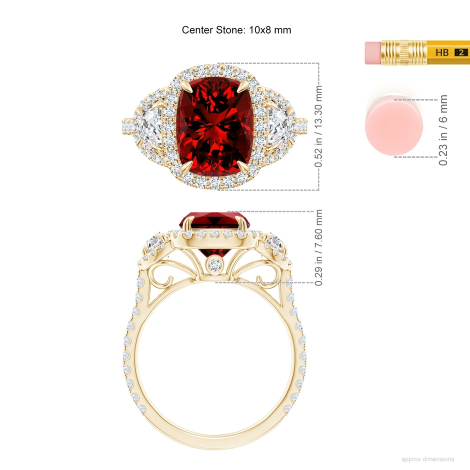 10x8mm Labgrown Lab-Grown Cushion Ruby and Half Moon Diamond Halo Ring in Yellow Gold ruler