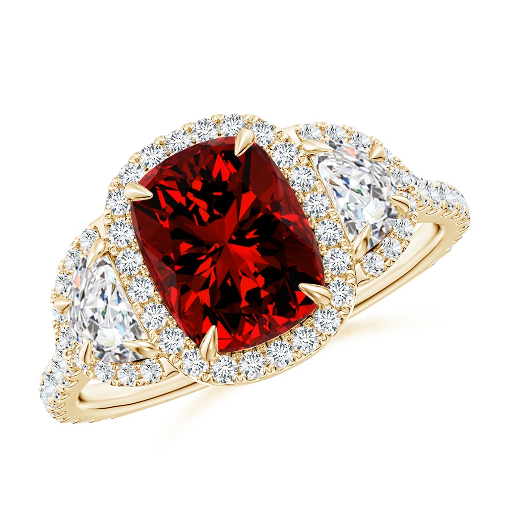 8x6mm Labgrown Lab-Grown Cushion Ruby and Half Moon Diamond Halo Ring in Yellow Gold