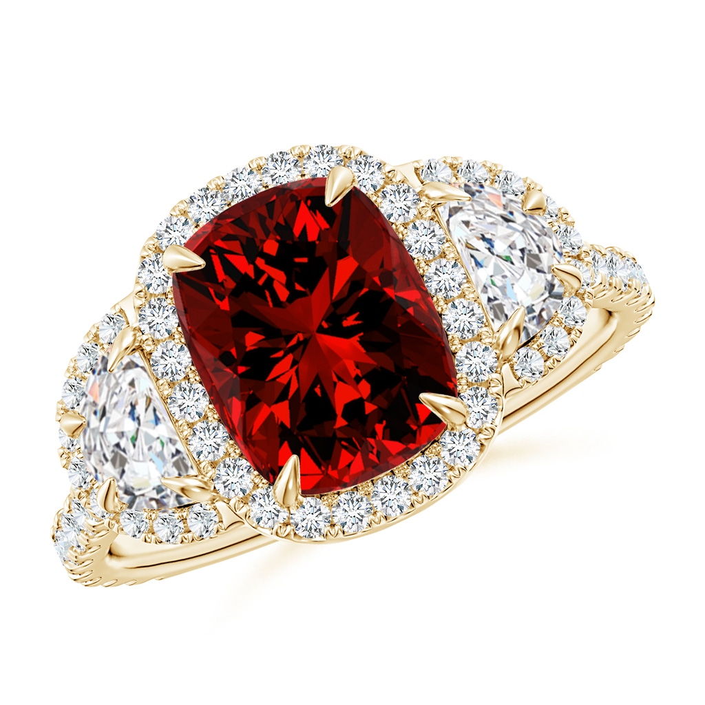 9x7mm Labgrown Lab-Grown Cushion Ruby and Half Moon Diamond Halo Ring in 10K Yellow Gold