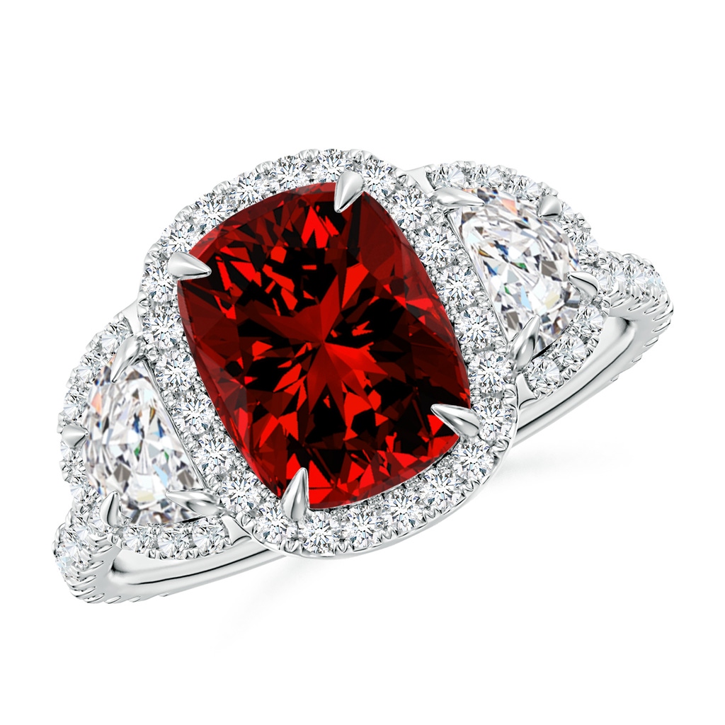 9x7mm Labgrown Lab-Grown Cushion Ruby and Half Moon Diamond Halo Ring in White Gold