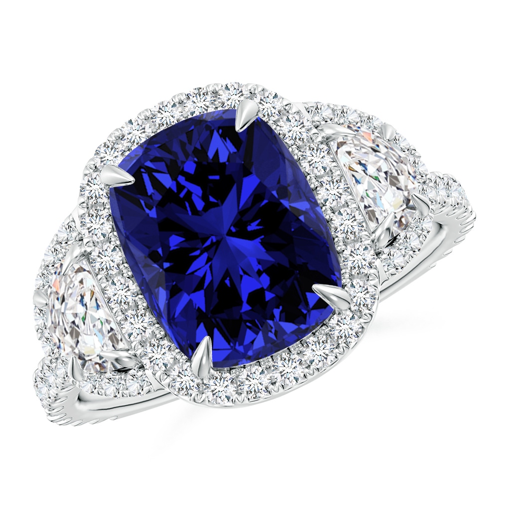 10x8mm Labgrown Lab-Grown Cushion Blue Sapphire and Half Moon Diamond Halo Ring in White Gold