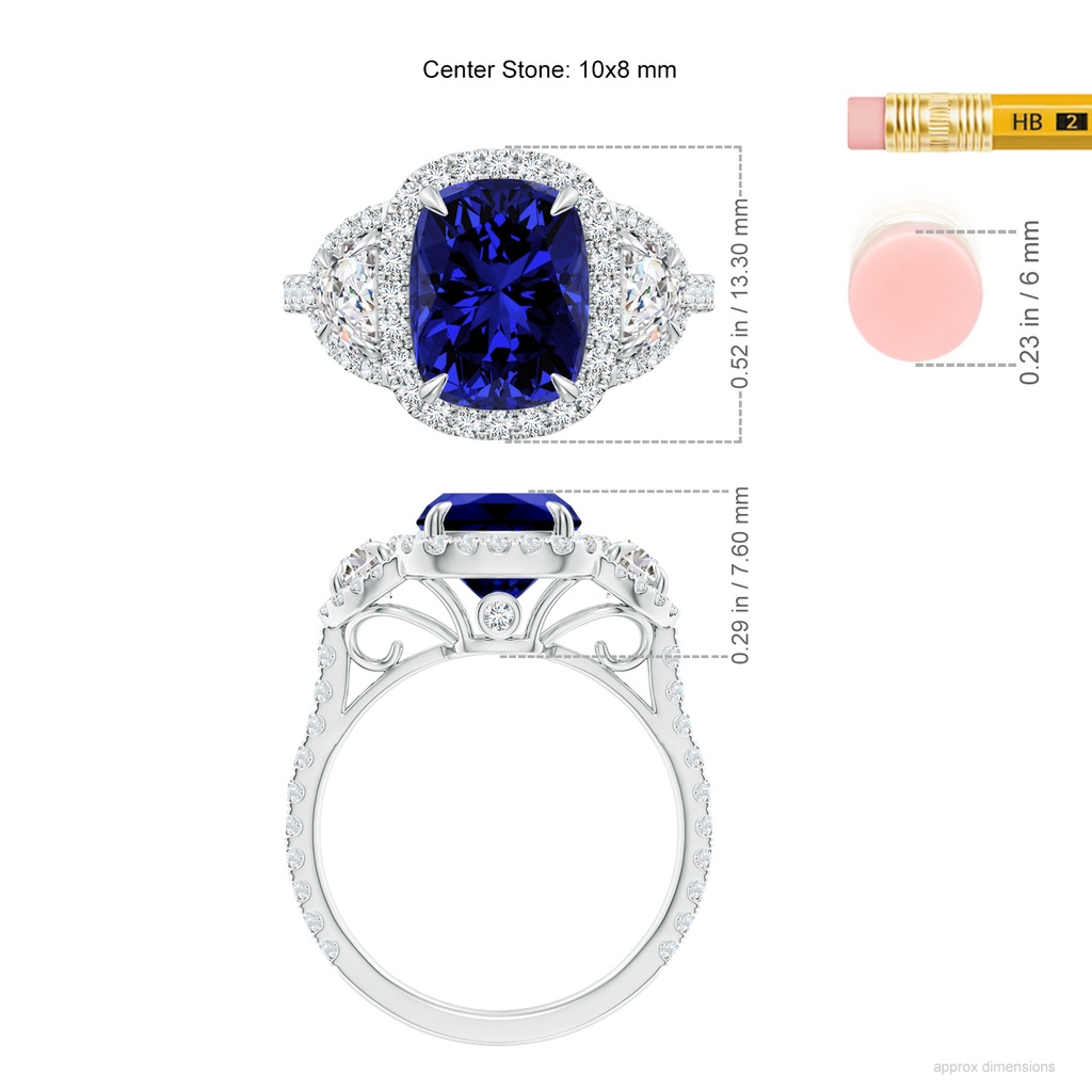 10x8mm Labgrown Lab-Grown Cushion Blue Sapphire and Half Moon Diamond Halo Ring in White Gold ruler