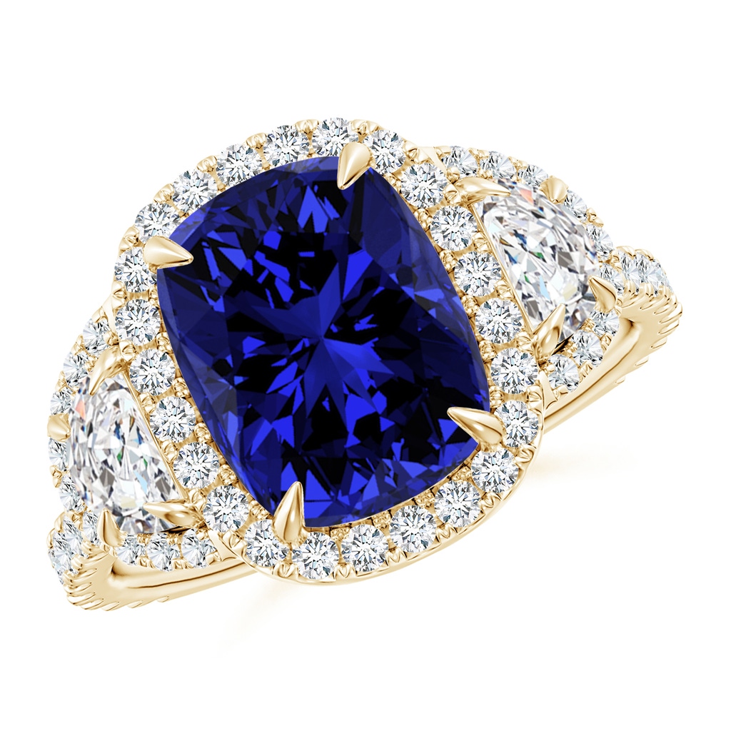 10x8mm Labgrown Lab-Grown Cushion Blue Sapphire and Half Moon Diamond Halo Ring in Yellow Gold