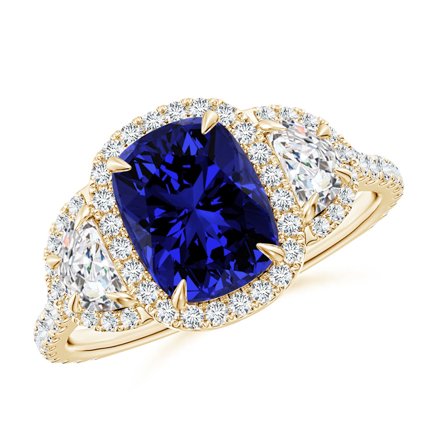 Lab-Grown Cushion Blue Sapphire and Half Moon Diamond Halo Ring
