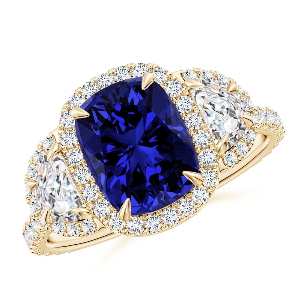 9x7mm Labgrown Lab-Grown Cushion Blue Sapphire and Half Moon Diamond Halo Ring in 10K Yellow Gold
