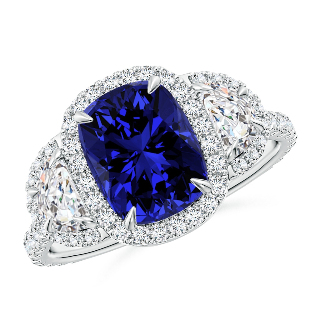 9x7mm Labgrown Lab-Grown Cushion Blue Sapphire and Half Moon Diamond Halo Ring in White Gold