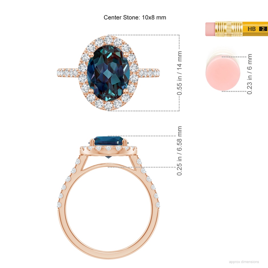 10x8mm Labgrown Prong-Set Oval Lab-Grown Alexandrite Halo Ring with Diamonds in 18K Rose Gold ruler