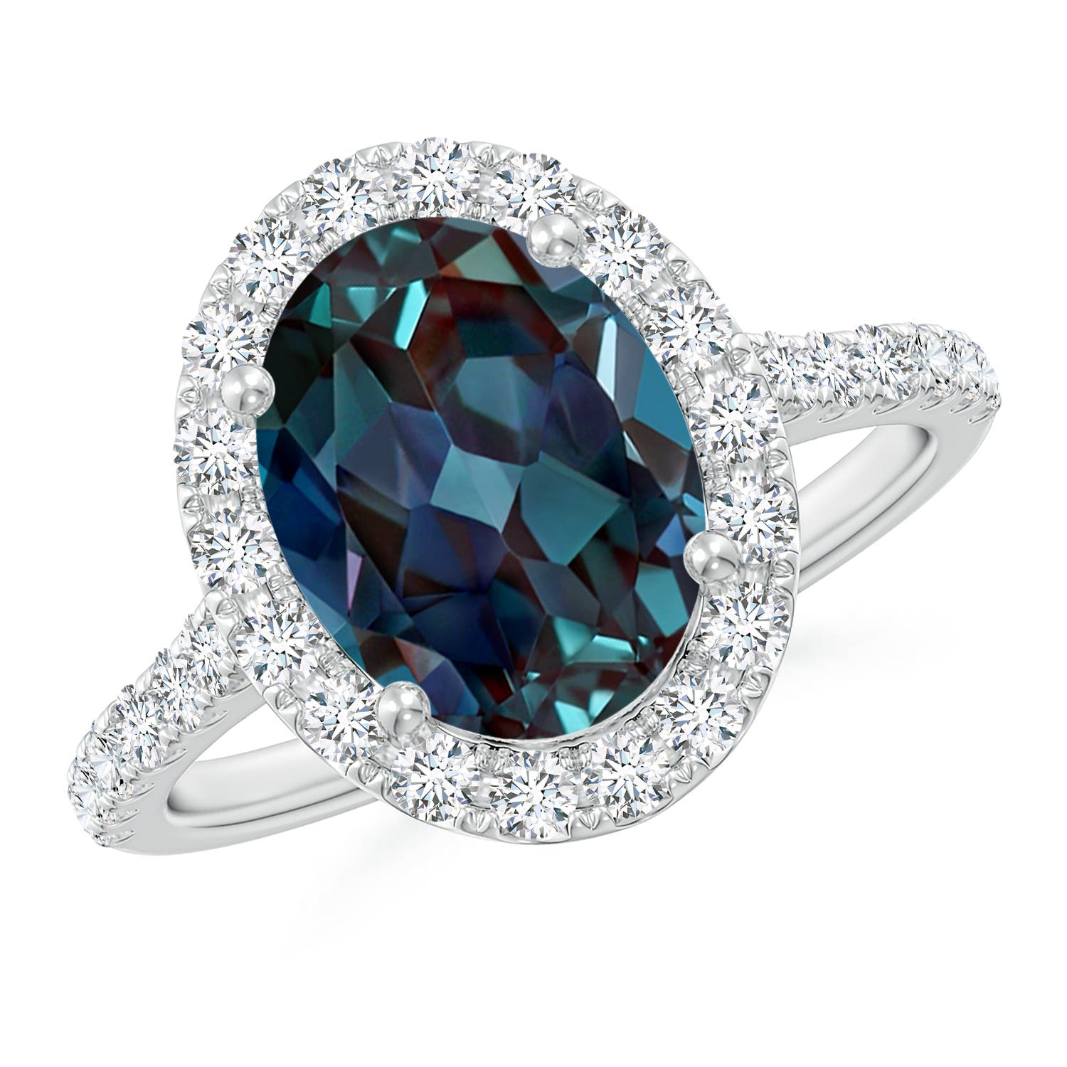 10x8mm Labgrown Prong-Set Oval Lab-Grown Alexandrite Halo Ring with Diamonds in 18K White Gold