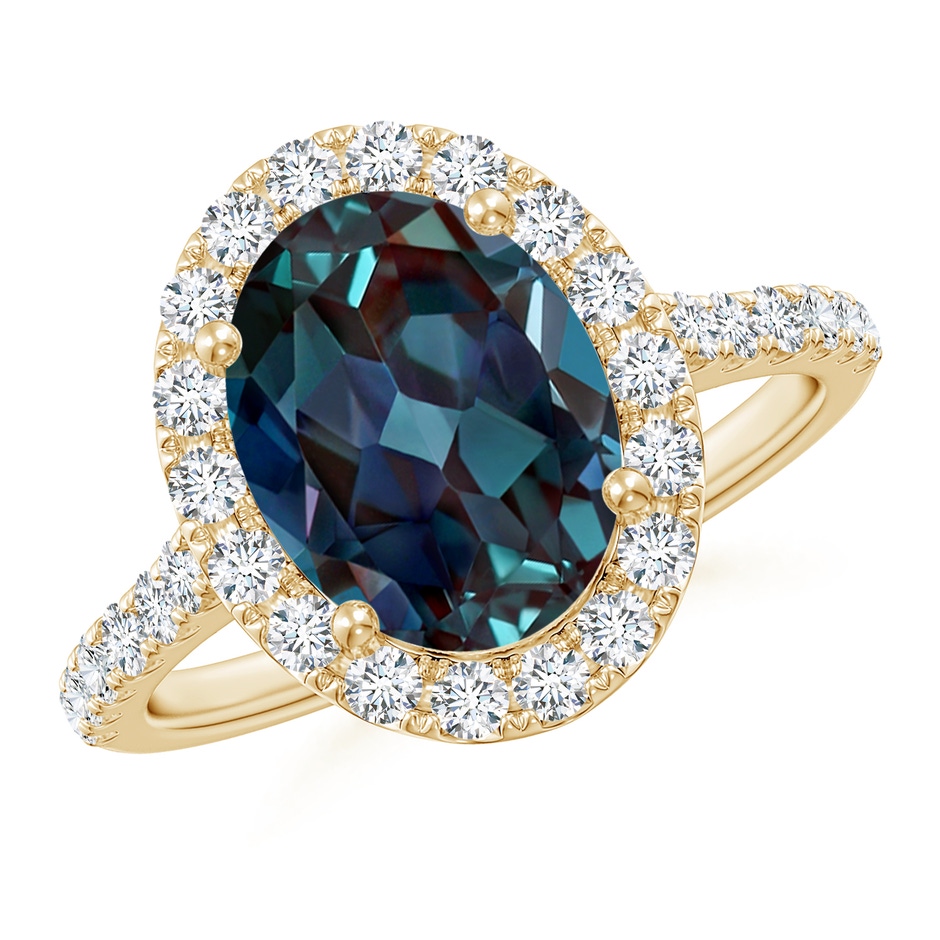 10x8mm Labgrown Prong-Set Oval Lab-Grown Alexandrite Halo Ring with Diamonds in Yellow Gold 