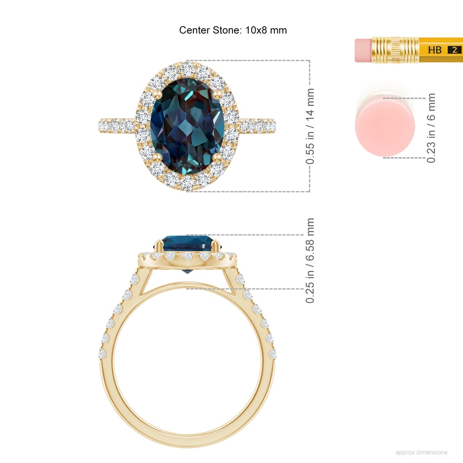 10x8mm Labgrown Prong-Set Oval Lab-Grown Alexandrite Halo Ring with Diamonds in Yellow Gold ruler