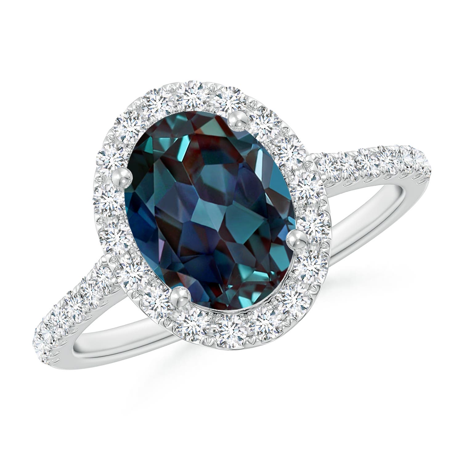 9x7mm Labgrown Prong-Set Oval Lab-Grown Alexandrite Halo Ring with Diamonds in 18K White Gold