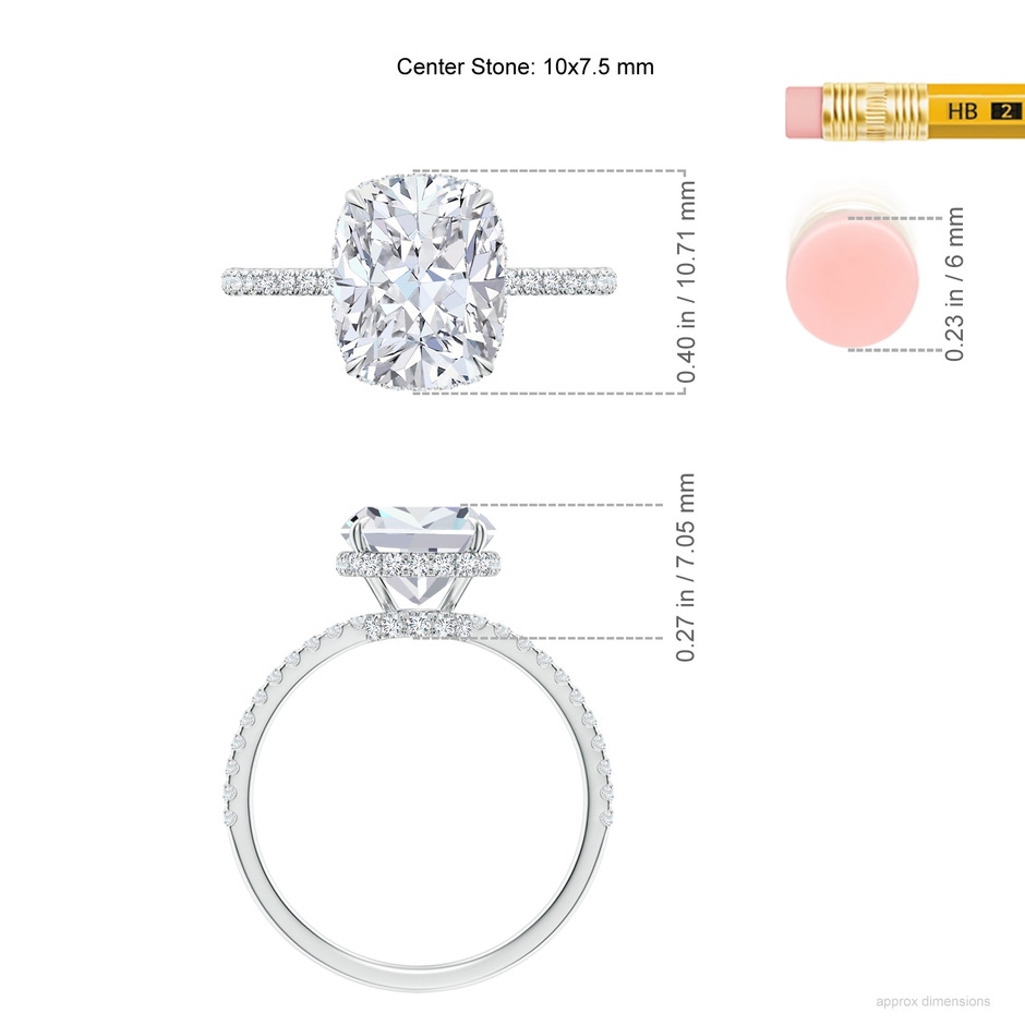 10x7.5mm FGVS Lab-Grown Thin Shank Cushion Diamond Ring with Diamond Accents in P950 Platinum ruler