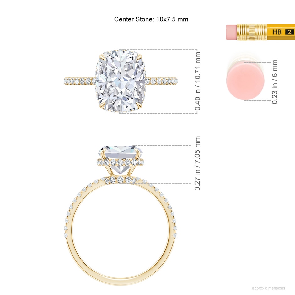 10x7.5mm FGVS Lab-Grown Thin Shank Cushion Diamond Ring with Diamond Accents in Yellow Gold ruler