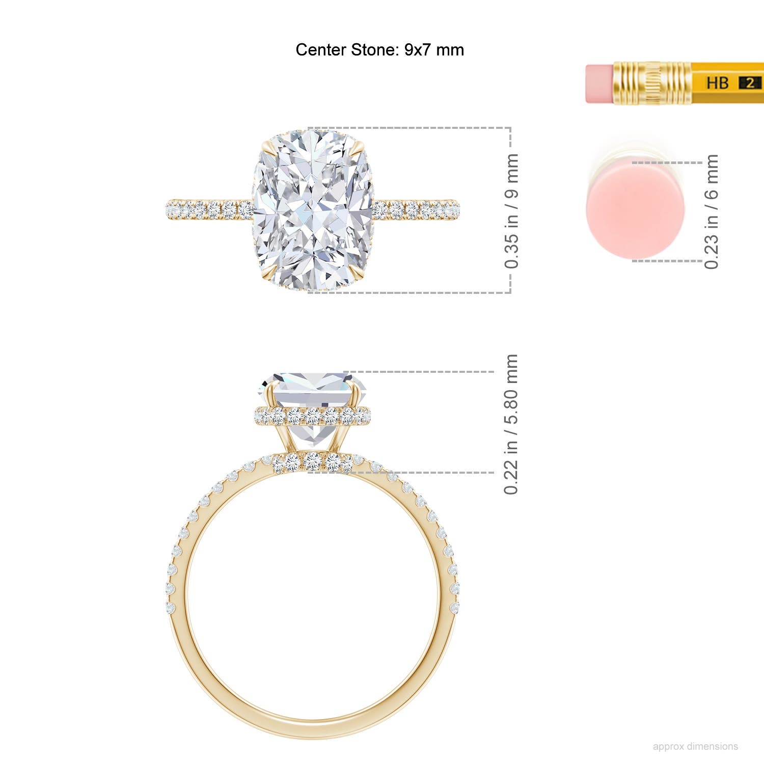 9x7mm FGVS Lab-Grown Thin Shank Cushion Diamond Ring with Diamond Accents in Yellow Gold - ruler