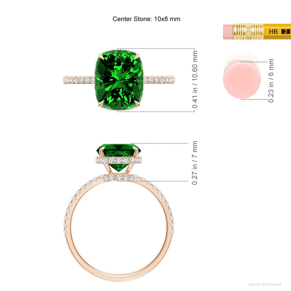 10x8mm Labgrown Lab-Grown Thin Shank Cushion Emerald Ring with Diamond Accents in Rose Gold ruler
