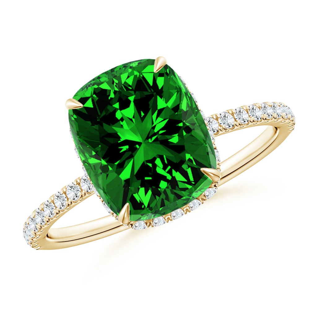 10x8mm Labgrown Lab-Grown Thin Shank Cushion Emerald Ring with Diamond Accents in Yellow Gold