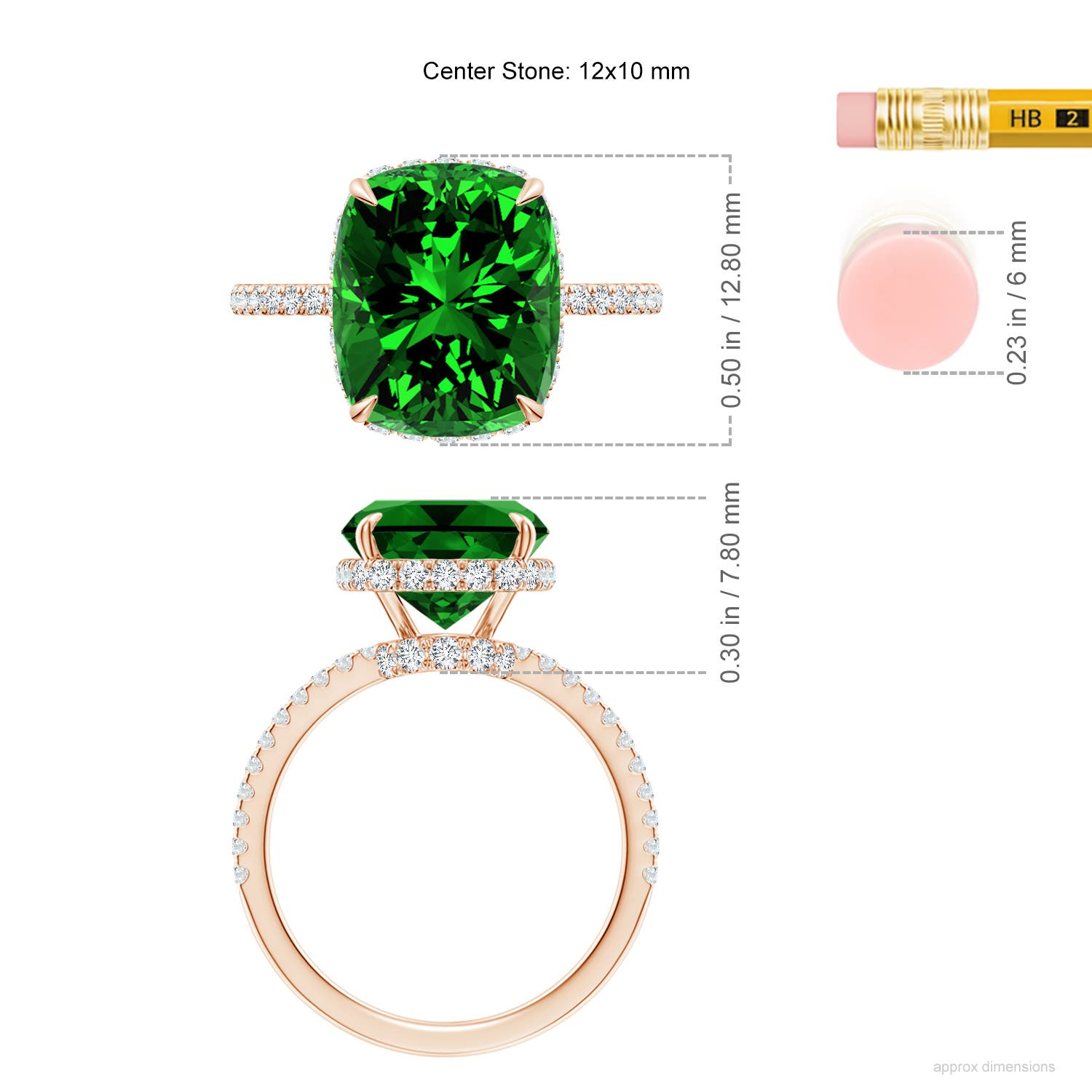 12x10mm Labgrown Lab-Grown Thin Shank Cushion Emerald Ring with Diamond Accents in Rose Gold - ruler