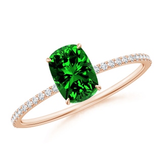 7x5mm Labgrown Lab-Grown Thin Shank Cushion Emerald Ring with Diamond Accents in 9K Rose Gold