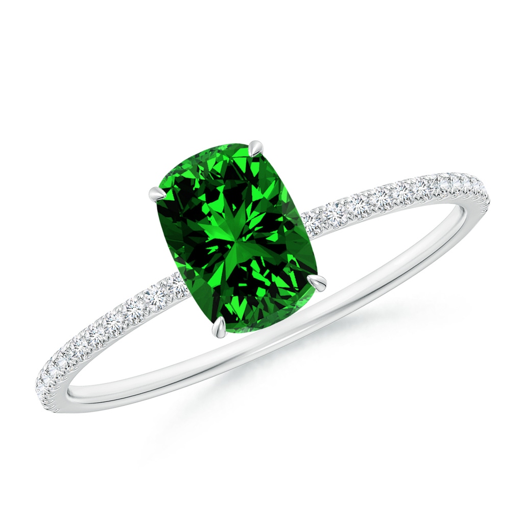 7x5mm Labgrown Lab-Grown Thin Shank Cushion Emerald Ring with Diamond Accents in White Gold 