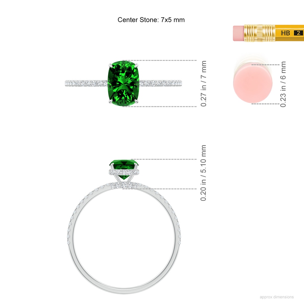 7x5mm Labgrown Lab-Grown Thin Shank Cushion Emerald Ring with Diamond Accents in White Gold ruler