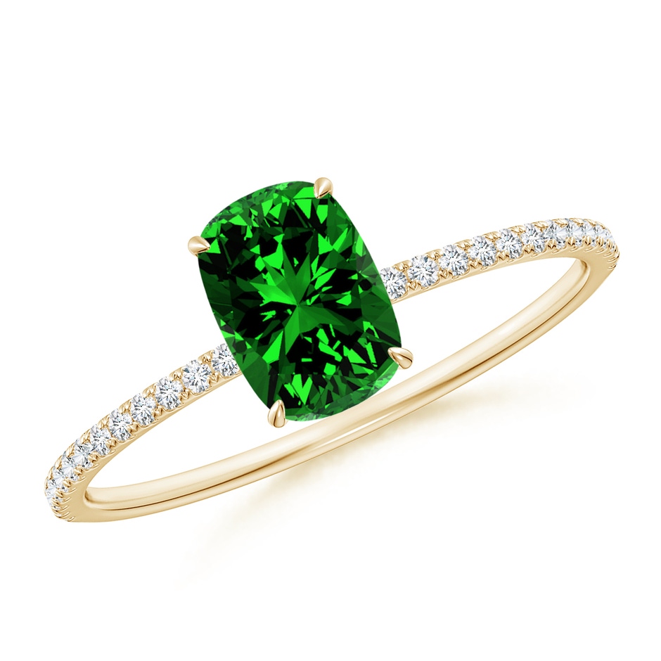 7x5mm Labgrown Lab-Grown Thin Shank Cushion Emerald Ring with Diamond Accents in Yellow Gold 