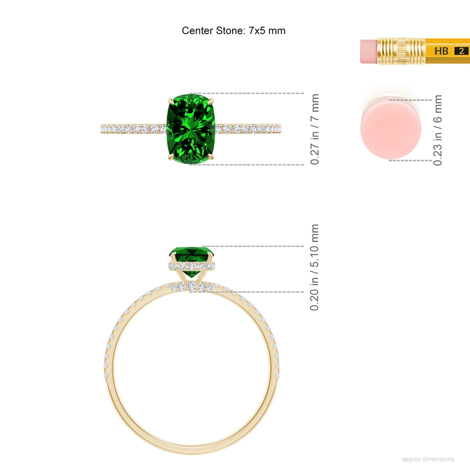7x5mm Labgrown Lab-Grown Thin Shank Cushion Emerald Ring with Diamond Accents in Yellow Gold ruler