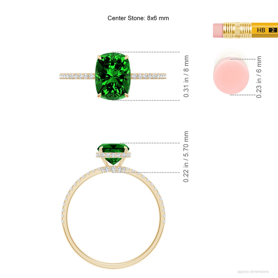 8x6mm Labgrown Lab-Grown Thin Shank Cushion Emerald Ring with Diamond Accents in Yellow Gold ruler