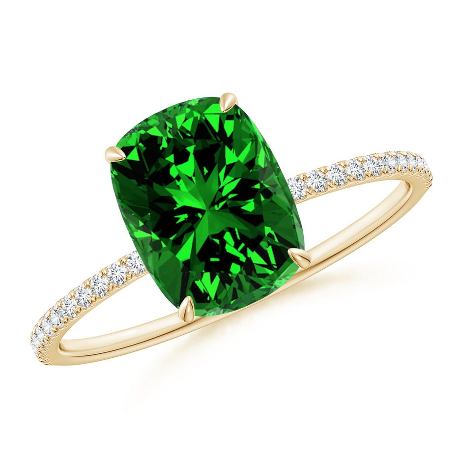 9x7mm Labgrown Lab-Grown Thin Shank Cushion Emerald Ring with Diamond Accents in Yellow Gold 