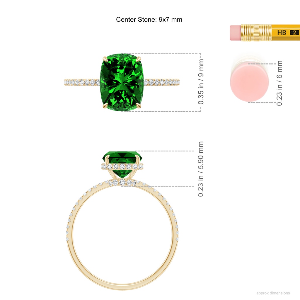 9x7mm Labgrown Lab-Grown Thin Shank Cushion Emerald Ring with Diamond Accents in Yellow Gold ruler