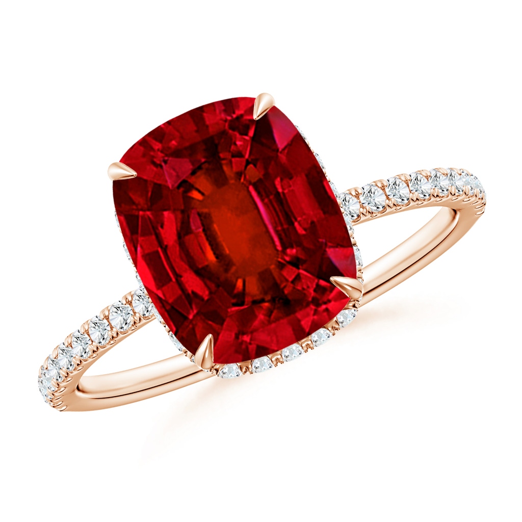 10x8mm Labgrown Lab-Grown Thin Shank Cushion Ruby Ring with Diamond Accents in Rose Gold