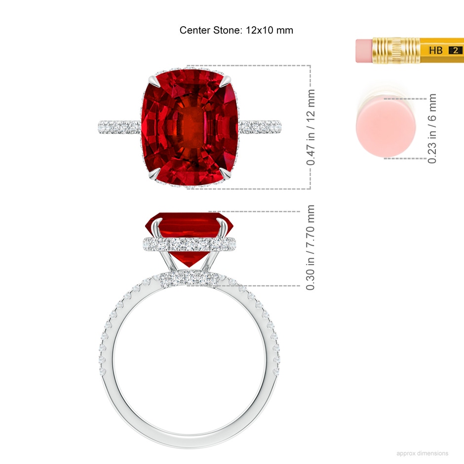 12x10mm Labgrown Lab-Grown Thin Shank Cushion Ruby Ring with Lab Diamond Accents in White Gold ruler