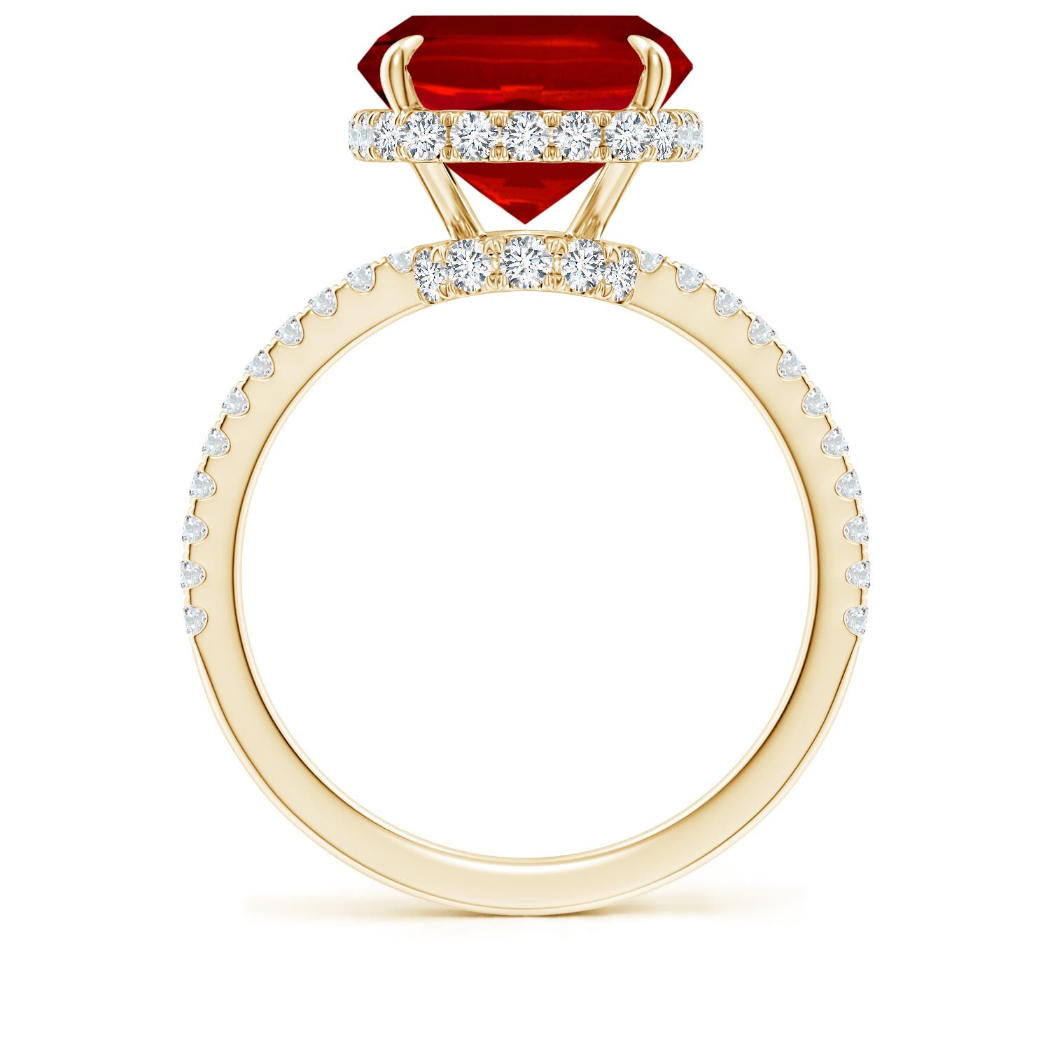 12x10mm Labgrown Lab-Grown Thin Shank Cushion Ruby Ring with Lab Diamond Accents in Yellow Gold - side 3