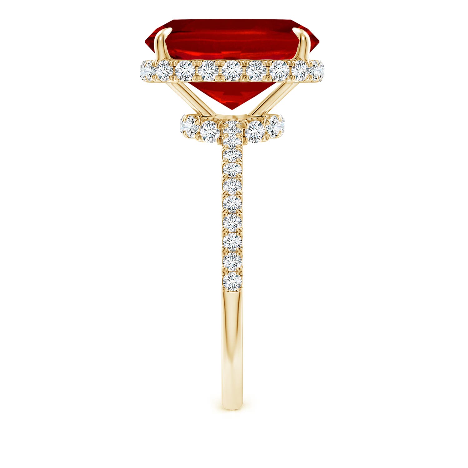 12x10mm Labgrown Lab-Grown Thin Shank Cushion Ruby Ring with Lab Diamond Accents in Yellow Gold - side 4