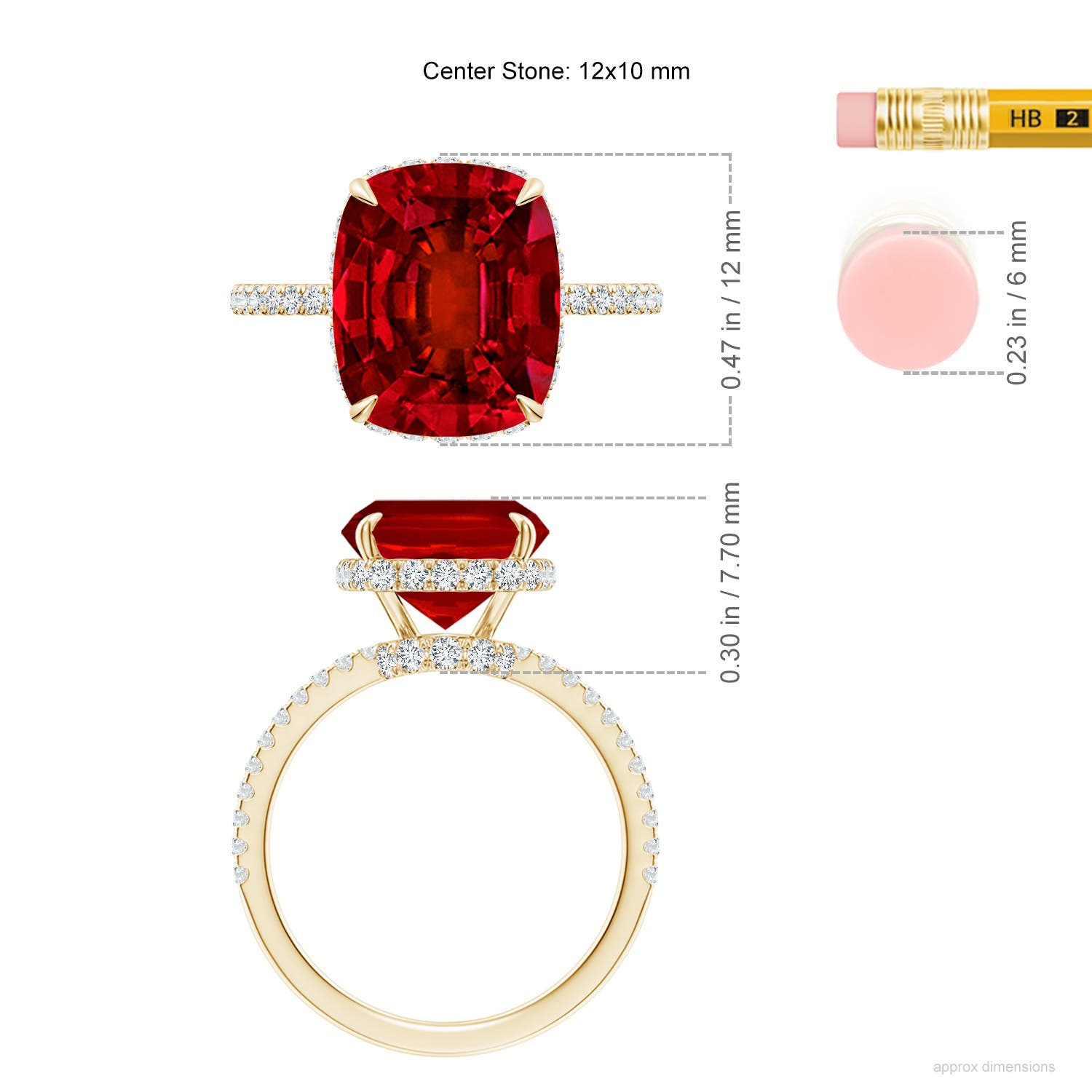 12x10mm Labgrown Lab-Grown Thin Shank Cushion Ruby Ring with Lab Diamond Accents in Yellow Gold - ruler